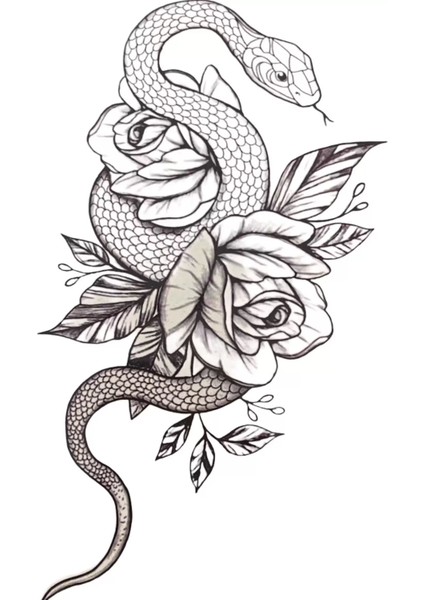 Gerçekci Yılan Ve Çiçek Desenli Geçici Dövme Tattoo modelleri
