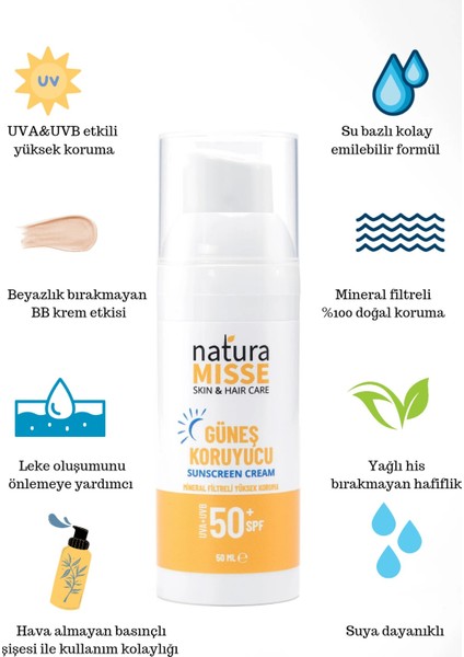 NaturaMisse Doğal Güneş Kremi 50 Ml UVA+UVB SPF 50+ Leke Karşıtı Bakım- Yüksek Koruma