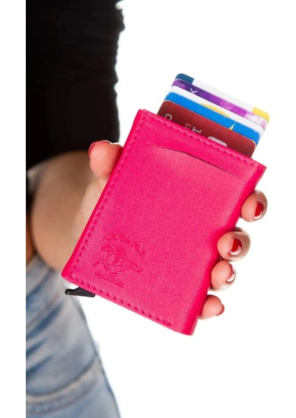 Unisex Pembe Suni Deri Mekanizmalı Otomatik Kızaklı Kartlık Cüzdan fiyatları