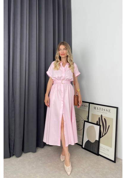 Toz Pembe Kemerli Gömlek Elbise