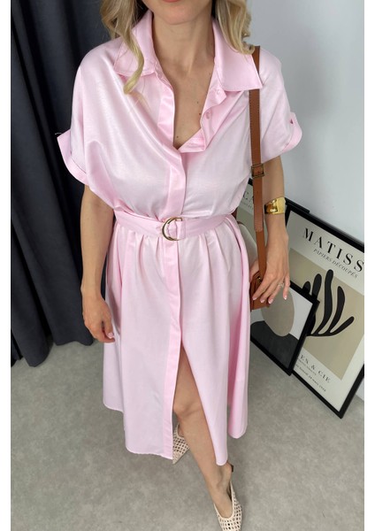 Toz Pembe Kemerli Gömlek Elbise fiyatları