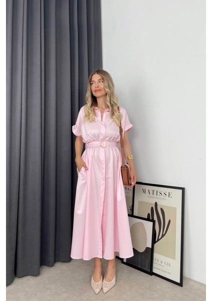 Toz Pembe Kemerli Gömlek Elbise modelleri