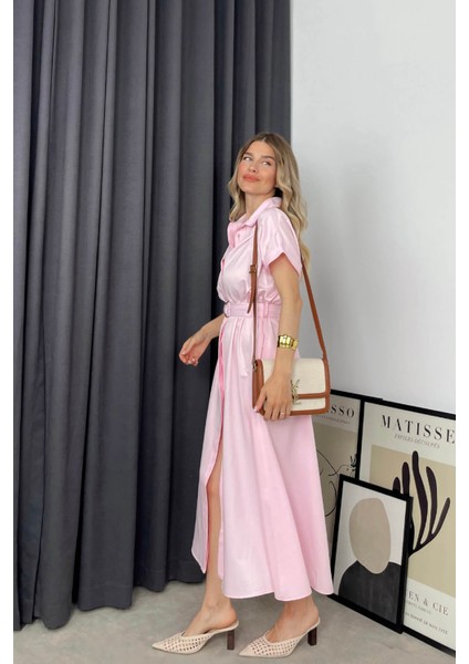 Toz Pembe Kemerli Gömlek Elbise fırsatları