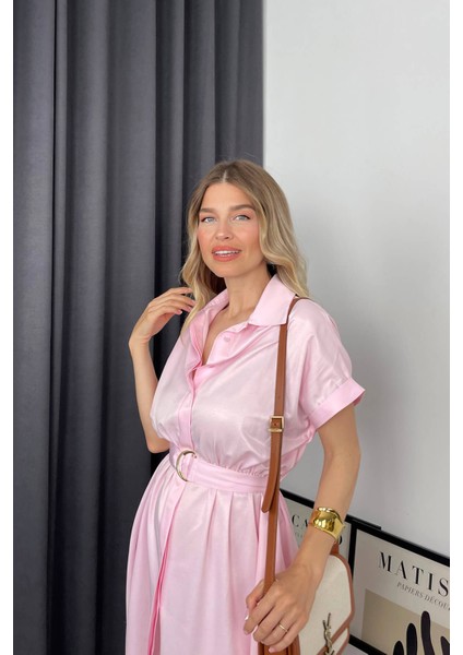 Toz Pembe Kemerli Gömlek Elbise indirimleri