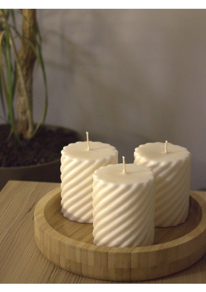 Mumy Desing 3 Adet Burgu Silindir Mum Krem Pudra Kokulu Candle Soya Wax Vegan Mum