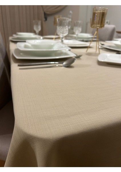 Meral Kurşun Collection Polyester Keten Dertsiz Masa Örtüsü Kapuçino + 6 Peçete