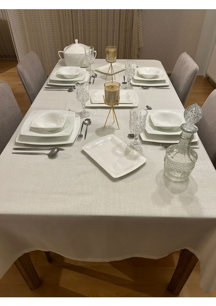 Meral Kurşun Collection Polyester Keten Simli Masa Örtüsü Krem + 12 Peçete