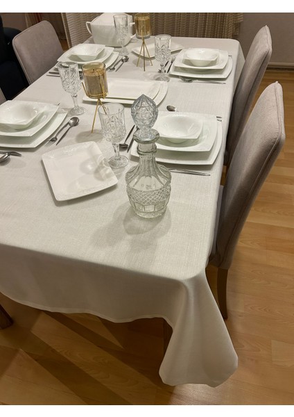 Meral Kurşun Collection Polyester Keten Simli Masa Örtüsü Krem + 12 Peçete