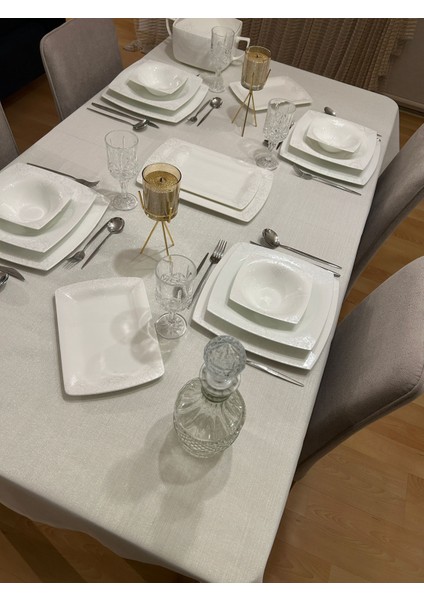 Meral Kurşun Collection Polyester Keten Simli Masa Örtüsü Krem + 12 Peçete