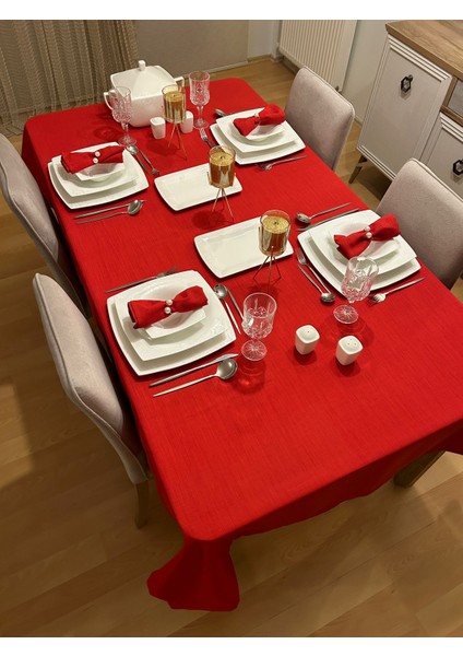 Meral Kurşun Collection Polyester Keten Dertsiz Masa Örtüsü Kırmızı + 12 Peçete
