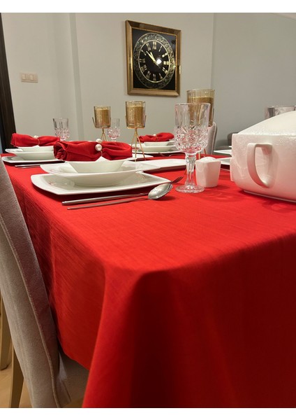 Meral Kurşun Collection Polyester Keten Dertsiz Masa Örtüsü Kırmızı + 12 Peçete fiyatları