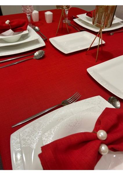 Meral Kurşun Collection Polyester Keten Dertsiz Masa Örtüsü Kırmızı + 12 Peçete modelleri