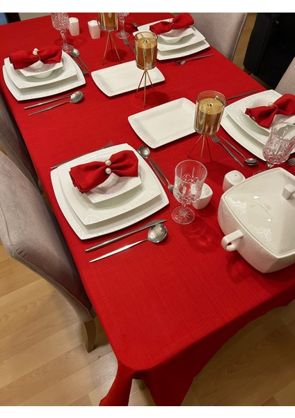 Meral Kurşun Collection Polyester Keten Dertsiz Masa Örtüsü Kırmızı + 12 Peçete fırsatları