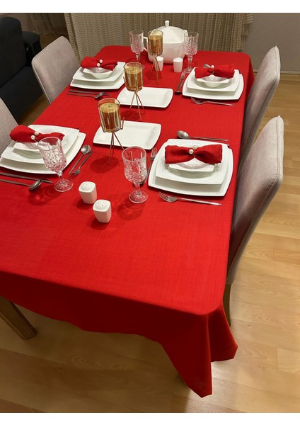 Meral Kurşun Collection Polyester Keten Dertsiz Masa Örtüsü Kırmızı + 12 Peçete indirimleri