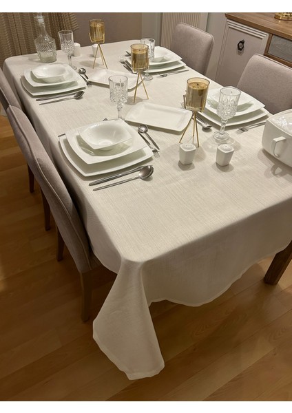 Meral Kurşun Collection Polyester Keten Dertsiz Masa Örtüsü Krem + 6 Peçete