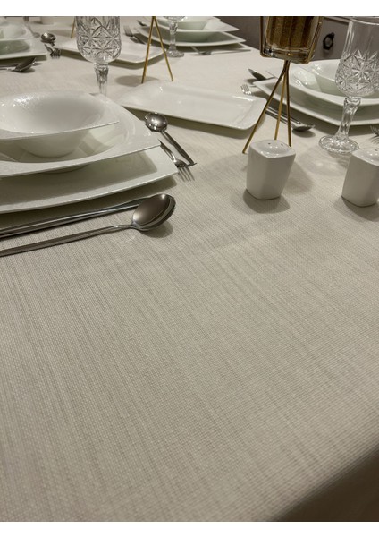 Meral Kurşun Collection Polyester Keten Dertsiz Masa Örtüsü Krem + 6 Peçete