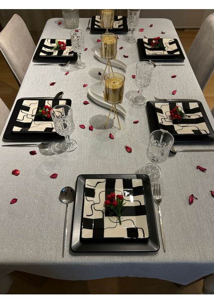 Meral Kurşun Collection Polyester Keten Simli Masa Örtüsü Gümüş + 12 Peçete