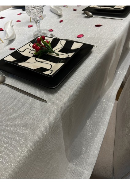 Meral Kurşun Collection Polyester Keten Simli Masa Örtüsü Gümüş + 12 Peçete