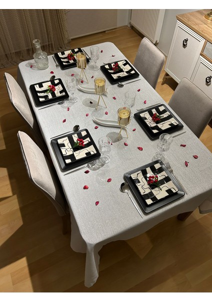 Meral Kurşun Collection Polyester Keten Simli Masa Örtüsü Gümüş + 12 Peçete