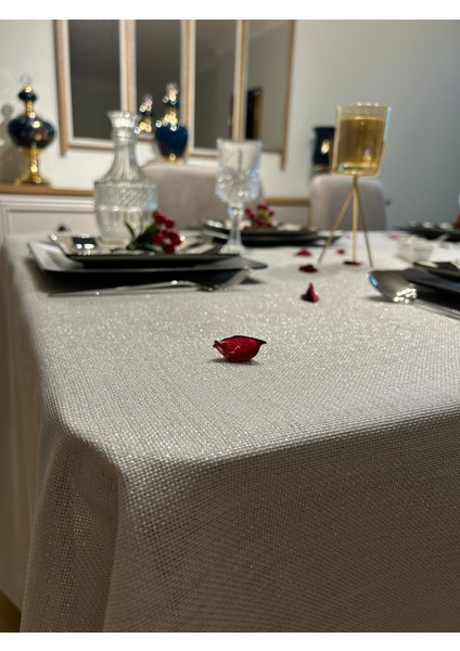 Meral Kurşun Collection Polyester Keten Simli Masa Örtüsü Gümüş + 12 Peçete