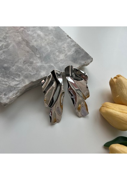 Silver Dalgalı Plaka Küpe