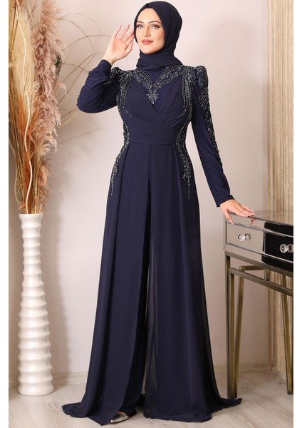 Güneş Boncuk Işlemeli Tesettür Tulum Lacivert
