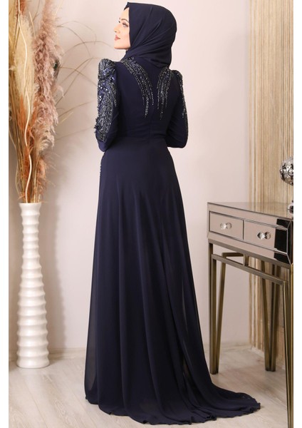 Güneş Boncuk Işlemeli Tesettür Tulum Lacivert modelleri