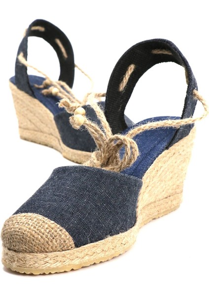 Topuğu Açık Bilekten Bağlamalı Bej Dolgu Topuk Keten Hasır Espadril fırsatları