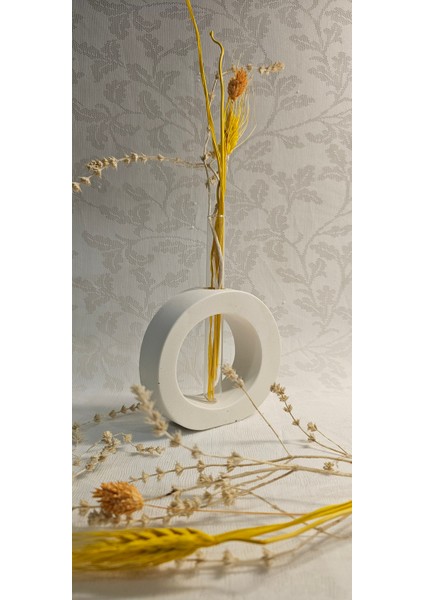 Beton Kuru Çiçeklik Vazo,dekoratif Vazo(Yuvarlak Model)(Cam Tüp Dahil)