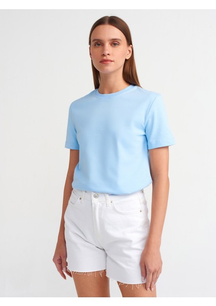 31069 Pamuklu Bisiklet Yaka T-Shirt-Açık Mavi
