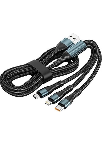 3in1 Lightning, Type-C, Micro Çıkışlı Örgülü Hızlı Data ve Şarj Kablosu 1.2m Siyah