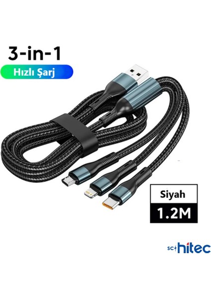3in1 Lightning, Type-C, Micro Çıkışlı Örgülü Hızlı Data ve Şarj Kablosu 1.2m Siyah