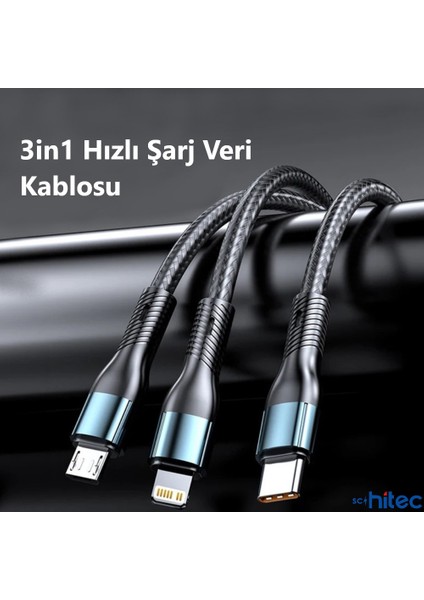 3in1 Lightning, Type-C, Micro Çıkışlı Örgülü Hızlı Data ve Şarj Kablosu 1.2m Siyah