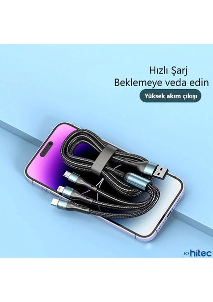 3in1 Lightning, Type-C, Micro Çıkışlı Örgülü Hızlı Data ve Şarj Kablosu 1.2m Siyah