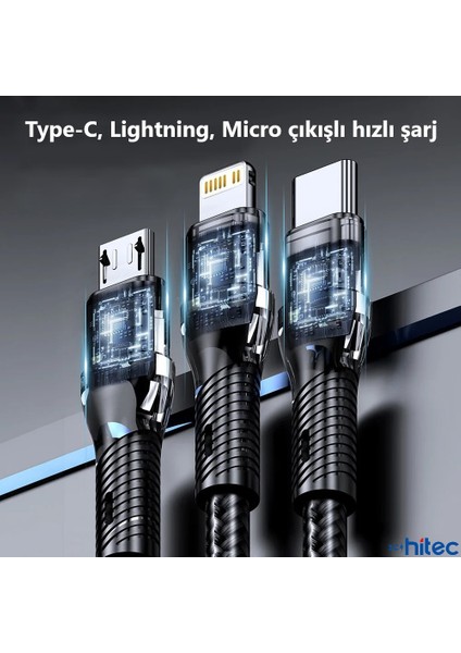 3in1 Lightning, Type-C, Micro Çıkışlı Örgülü Hızlı Data ve Şarj Kablosu 1.2m Siyah