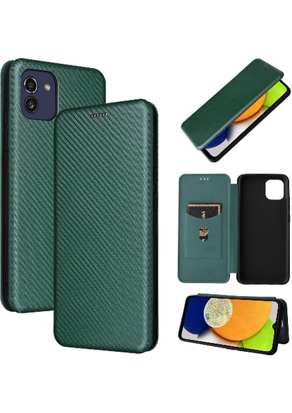 Samsung Galaxy A03 Deri Folio Flip Case Manyetik Karbon Fiber (Yurt Dışından)