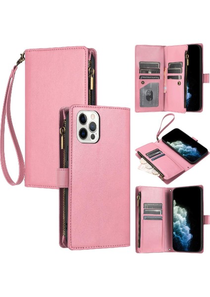 Iphone 12 / 12 Pro Cüzdan Fermuar Kart Yuvaları Için Kılıf Folio Kapak Pu Deri (Yurt Dışından)