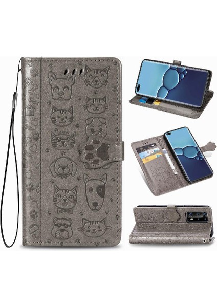 Huawei P40 Flip Kapak Için Kılıf Darbeye Deri Kılıf Karikatür Hayvanlar (Yurt Dışından)