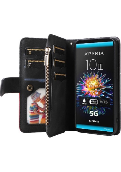 Kart Yuvası Standı ile Sony Xperia 10III Için Kılıf Fermuar Cüzdan Tarzı Dokuz (Yurt Dışından)