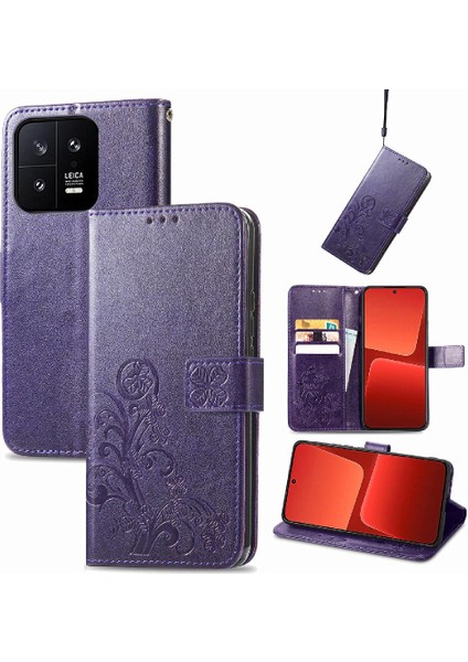 Xiaomi 13 Için Kılıf Deri Kılıf Kısa Kayış Zarif Iş Dört Yaprak (Yurt Dışından)