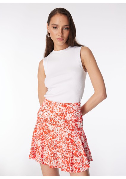 Yüksek Bel Kırmızı Kadın Çiçek Desenli Mini Etek SPBF4SL-ETK5575