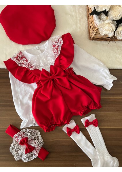 Kız Çocuk Bebek Askılı Şort Gömlek Şapka Bandana Çorap Takım Set