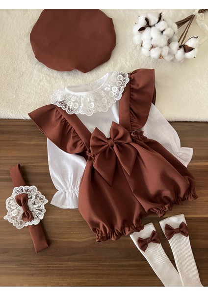 Kız Çocuk Bebek Askılı Şort Gömlek Şapka Bandana Çorap Takım Set