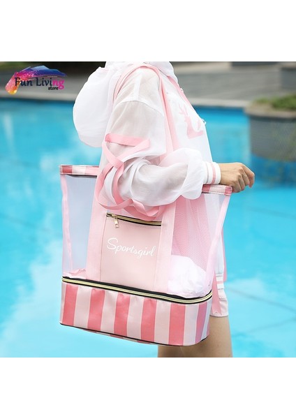 Pembe Renk Stili Yüzme Çantaları Kadın Sporları Örgü Çanta Çantalar Islak ve Kuru Mayo Çantaları Net Seyahat Havuz Plaj Çantası Koleksiyonu RCBAG025 (Yurt Dışından) fırsatları
