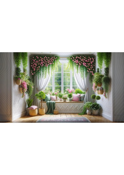 Çiçeklerle Bezenmiş Ferah Pencere Arkaplan 200 x 150 cm Fon Duvar Örtüsü