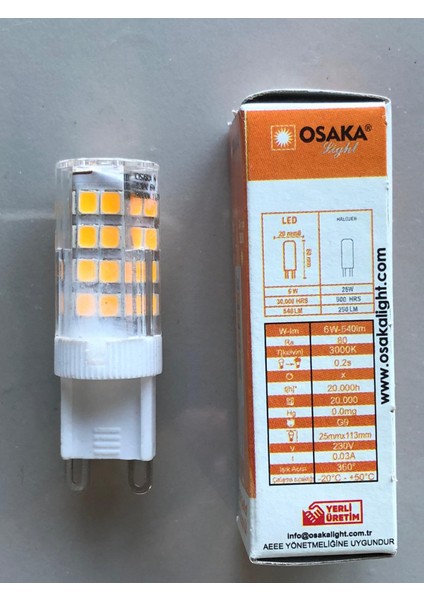 3 Adet Osaka 220V G9 LED 6W=540 Lümen 3000 Kelvin Sarı