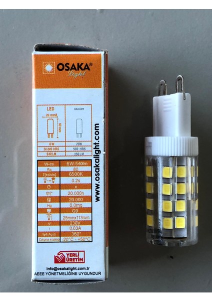 3 Adet Osaka  220V G9 LED  6W=540 Lümen 6500 Kelvin Beyaz