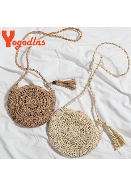 Bej Tarzı4 Tarzı Yogodlns Yuvarlak Yumuşak Kağıt Halat Omuz Çantası Püskül Yaz Plaj El Yapımı Crossbody Çanta Kadın Hollow Hasır Çanta Daire Rattan Çanta (Yurt Dışından)