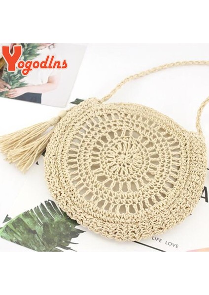 Bej Tarzı4 Tarzı Yogodlns Yuvarlak Yumuşak Kağıt Halat Omuz Çantası Püskül Yaz Plaj El Yapımı Crossbody Çanta Kadın Hollow Hasır Çanta Daire Rattan Çanta (Yurt Dışından)