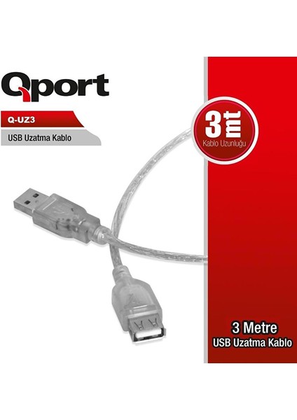 Q-Uz3 USB 2.0 USB Uzatma Kablosu 3 mt